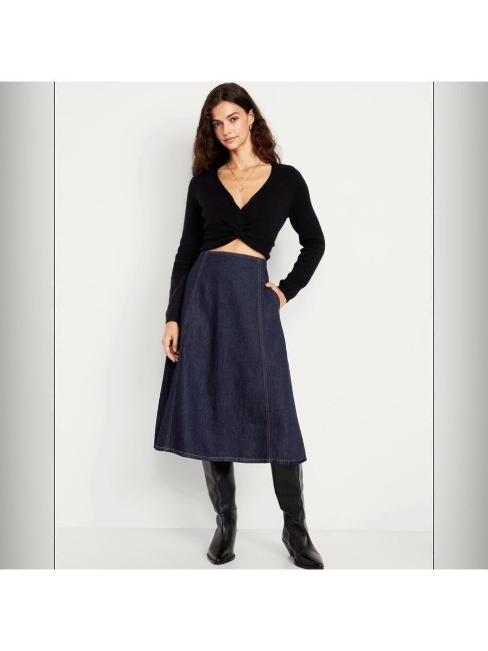 Old Navy High-Waisted Dark Wash Denim Jean A-Line Midi Skirt NWOT 8 Retro 70s